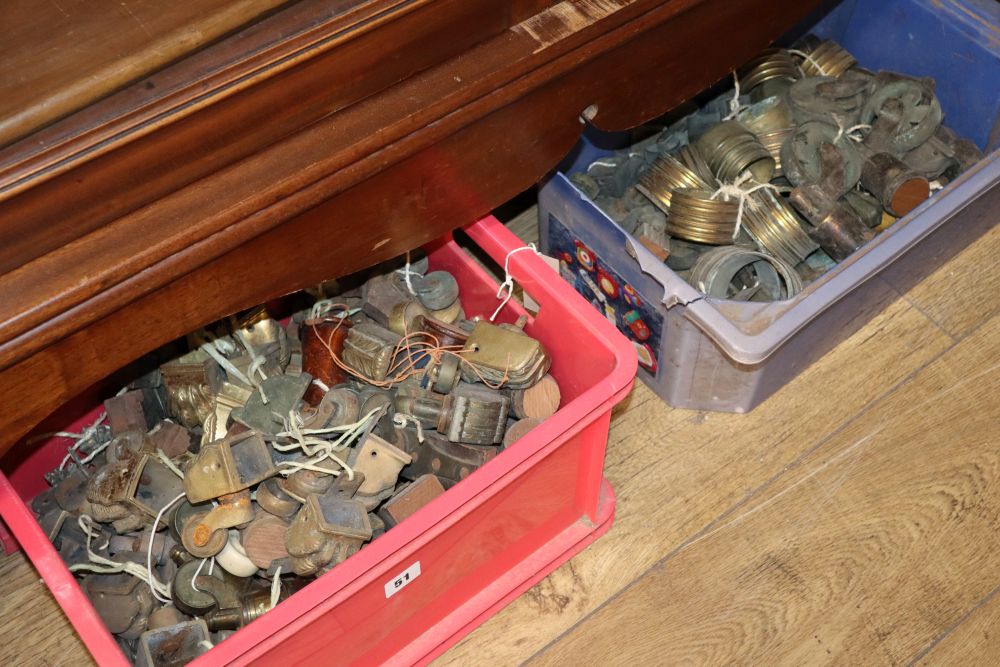 Two boxes of 19th century and later furnitures castors, caps and mounts
